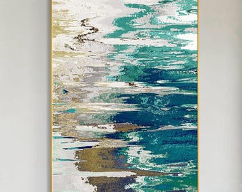 Framed Turquoise Abstract Ocean Painting: Large Teal Green Wall Art