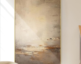 Original Abstract Landscape Painting, Handmade Beige Brown Textured Wall Art, Neutral Earth Tone Oil Painting, Modern Minimalist Horizon Art