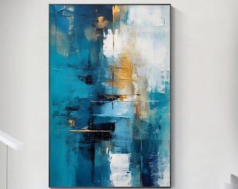 Blauwe abstracte muurdecoratie, schilderij met textuur in turquoise en goud, groot modern canvas kunstwerk