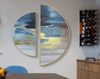 2 Pieces Round Wall Art Blue And Gold Acrylic Abstract Painting On Canvas Asymmetric Round Framed Wall Art Luxury Painting Living Room Decor