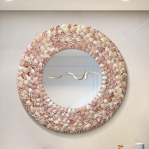 Schelpenspiegel, Originele schelpenspiegel, Parelschelpkunst, Ronde wanddecoratie, Boho spiegel, Galerij wanddecoratie, Zeeschelpen ornamenten badkamerdecoratie