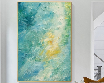 Green Abstract painting Large Wall Art, teal and yellow Painting, Original abstract Textured Wall Art  home office  Living Room Decor