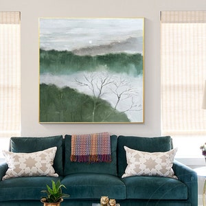 Moss green large Abstract  mountain wall art sage green wall Art,Original Landscape Art,Large Wall Art, square Living room Home Decor