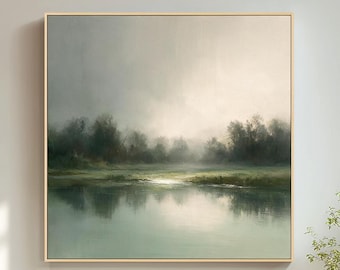 Misty Lake Landscape Wall Art, Hand Painted Oil Painting, Foggy Forest Canvas, Sage Green Nature Artwork, Modern Neutral Home Decor