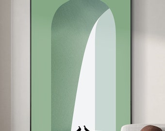 Morandi Green Arch Wall Art Abstract On Canvas Large Wall Art Arches And Pigeons wall  art Japandi wall art Minimalist living room decor