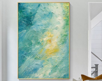 Green Abstract painting Large Wall Art, teal and yellow Painting, Original abstract Textured Wall Art  home office  Living Room Decor