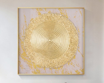Gold Abstract 3D Textured Canvas Painting:beige Enos Circle Art extra large living room decor