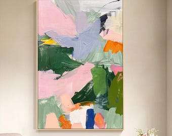 Pintura abstracta al pastel: lienzo texturizado rosa y verde para pared
