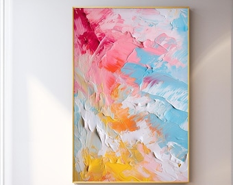 Colorful Abstract Oil Painting, Pink Blue Yellow Wall Art, Textured Modern Art, Hand Painted Canvas, Contemporary Home Decor
