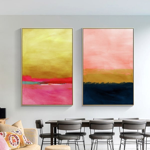 Pink Yellow Abstract Print On Canvas Set 2 Prints Framed Wall Art Large Wall Art 2 Pieces Modern Home Wall Decor Living Room Decor Prints