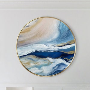 Navy blue gold Round Wall Art,Abstract wall Art original art canvas wall art large Blue sea painting Dinning Room Wall Painting