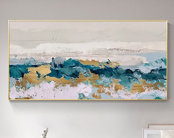 Blue Gold Abstract Wall Art, Textured Coastal Canvas Painting, Large Modern Seascape Art, Teal White Gold Artwork, Contemporary Decor