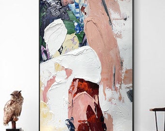 Large colorful Wall Art Abstract Acrylic Canvas Painting Cream White Colorful Palette Knife Impasto Textured Painting  Home Wall Decor