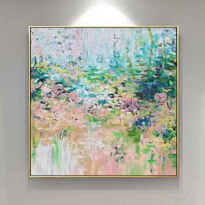 Large Abstract wall art  Acrylic On Canvas  Framed Wall Art pink and green Modern floral  Wall art Impressionism Decor Living Room Decor