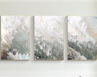 Blue Abstract Wall Art Set of 3, Textured Landscape Painting, Modern Triptych Artwork, Navy Blue and Gold Decor
