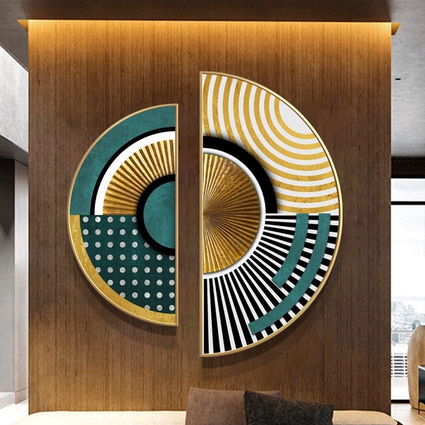 Emerald Green Round wall art Set of 2 Piece Turquoise blue Wall Art Geometric Painting Asymmetric Teal Gold Print on Canvas art home decor