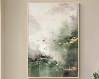 Sage Green & Gold Abstract Canvas Painting: Framed Gray foggy mountain Wall art for kitchen  living room  wall decor
