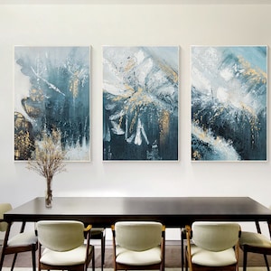 Set of 3 Turquoise Abstract wall art Original Teal gold Canvas art Large Textured painting wall art Abstract Mountain living room decor