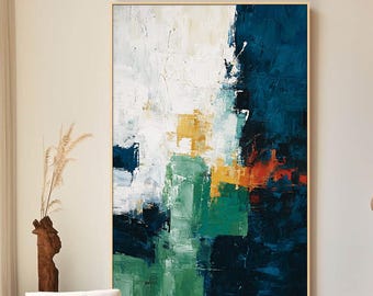 Dipinto Astratto Blu Verde, Arte da Parete Moderna, Arte Turchese Arancio, Dipinto a Olio Contemporaneo
