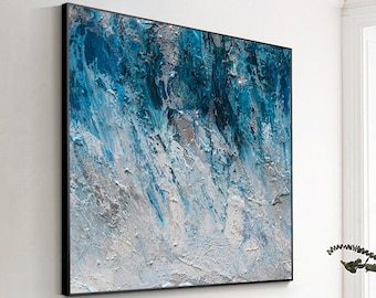 Blue white Abstract wall  art Acrylic Painting On Canvas Textured Painting Large  Painting Framed Wall Art minimalism living room decor