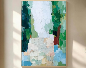 Green Abstract Oil Painting on Canvas, Textured Palette Knife Wall Art, Sage Green and Teal Large Modern Landscape Painting