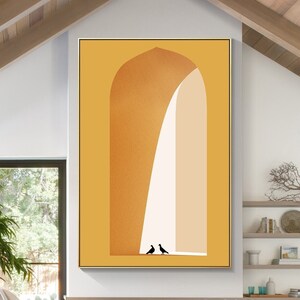 Arte mural del Arco Dorado, pintura abstracta minimalista, obra de arte moderna en ocre, decoración de pared neutra, arte de pájaros estilo boho.