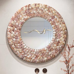 Shells mirror,Original Shell mirror ,pearl oyster shell art,Round Wall art,Boho mirror, Gallery Wall Art,sea shell ornaments bathroom decor