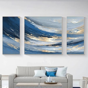 Navy blue gold Abstract  Wall Art 3 piece wall art framed abstract blue gold canvas huge wall Art Contemporary art living room decor