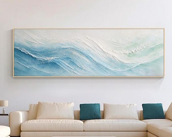 Textured Ocean Wave Painting, Blue White Abstract Seascape Wall Art, Coastal Beach Artwork, Large Horizontal Canvas, Modern Coastal Decor