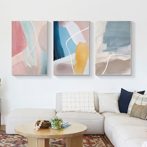 Set of 3 Morandi Abstract Print Framed Wall Art Prints Abstract Modern Pink Blue Yellow Print on Canvas 3 piece prints boho wall art