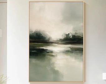 Misty Lake Landscape Painting, Original Abstract Wall Art in Sage Green and Beige, Hand-Painted Canvas for Living Room