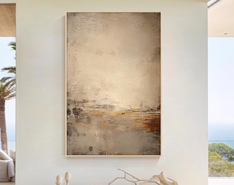 Minimalist Beige Abstract Canvas Wall Art: Vertical Earth Tone Textured Painting for Living Room
