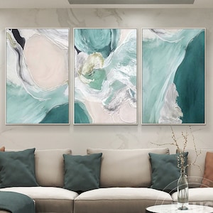 set of 3 Turquoise Wall Art Abstract blue green wall art prints On Canvas 3 Pieces Large wall art , ,Contemporary Art living room decor