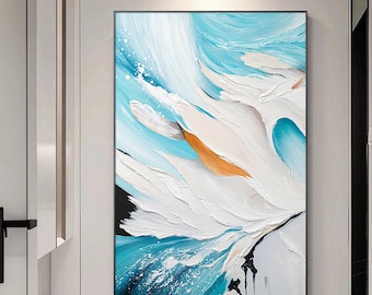 Teal blue Abstract Painting 3D Textured Ocean Beige wall art living room decor