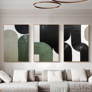Sage Green and Black Geometric Abstract Art Set of 3 Textured Minimalist painting Moss Green Large Wall Art Plaster Canvas Arch Wall Art