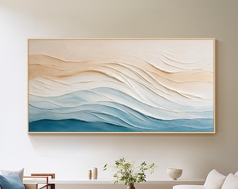 Ocean Wall Art, Blue Beige Abstract Seascape Painting, Textured Coastal Canvas, Modern Beach House Decor, Large Abstract Art