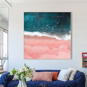 Turquoise Wall Art Teal Pink Ocean Beach Poster On Canvas Wave Ocean Prints Large Framed Wall Art Modern Living Room Decor Contemporary Art