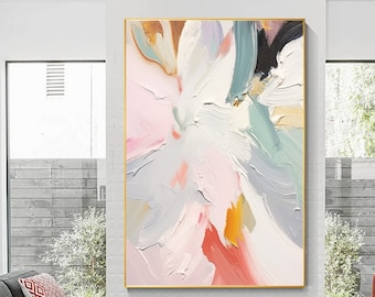 Pastel Abstract Floral Painting, Textured Wall Art, Modern Living Room Canvas Decor