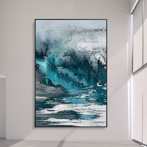 Teal azul gris abstracto lienzo arte / Moder abstracto verde oscuro pared arte decoración gran pared arte acrílico pintura moderna pared arte decoración del hogar