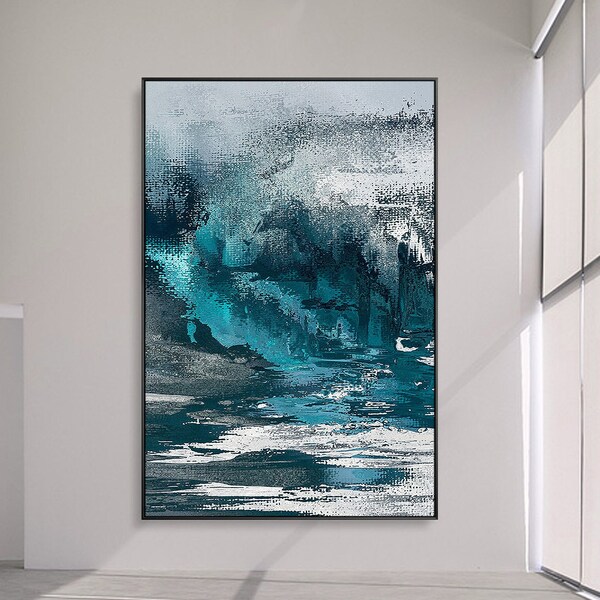 Modern Abstract Canvas Art Teal and Dark Blue Geometric - Etsy