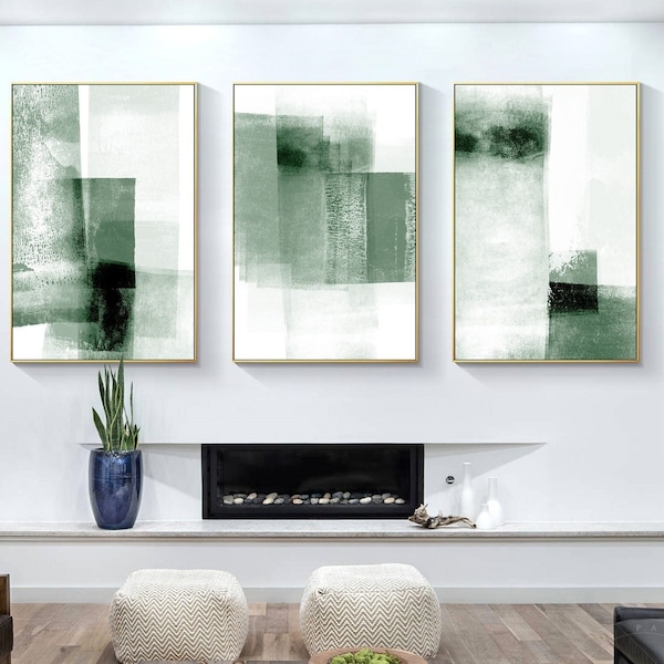 Abstract Sage Green Wall Art framed  3 pieces Prints On Canvas Framed Wall Art Large Wall Art Set Of 3  Minimalist Living Room decor
