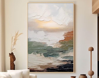 Textured Sage Green Wall Art, Beige Abstract Canvas Painting, Modern Framed Artwork, Large Neutral Living Room Decor