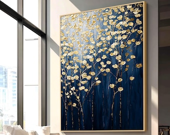 Gold Leaf Wall Art Navy Blue Abstract Painting Textured Tree Canvas Art Large Floral Wall Decor Modern Living Room Art Luxury Housewarming