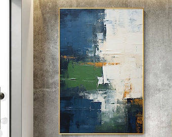 Large Blue Green Abstract Wall Art, Modern Textured Canvas Painting, Navy Blue Ivory Artwork, Contemporary Wall Decor, Hand Painted Art