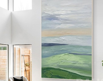 Blue Green Abstract Mountain Painting: Modern Landscape Canvas Art