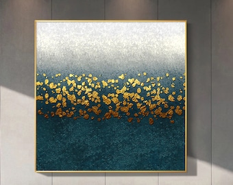 Abstract blue gold wall art Acrylic Painting On Canvas gold peacock blue Textured Painting square Modern art minimalist living room decor