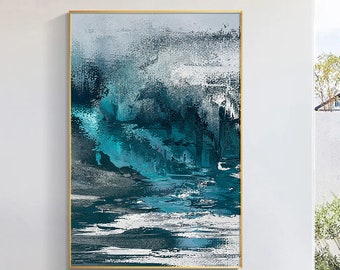 Turquoise Blue Gray Abstract forest Canvas Art Large Painting Modern Wall Art home decor