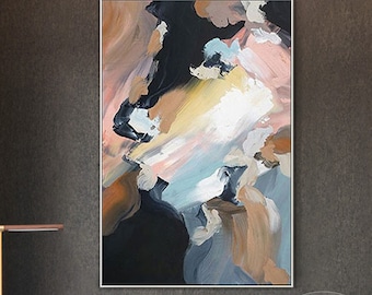 Abstract Oil Painting, Moody Blue and Blush Wall Art, Original Hand Painted Canvas, Contemporary Modern Artwork, Neutral Abstract Decor