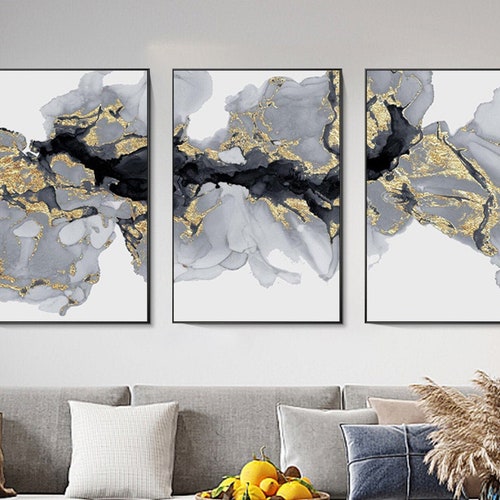 Print Canvas Gold Black Abstract Swirls Ribbon Framed Etsy