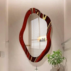 Crimson Wall Art Asymmetrical Mirror,Gold Marbled Mirror on Solid Glass, Abstract Wall Mirror, Bathroom wall art decorative wall mirror